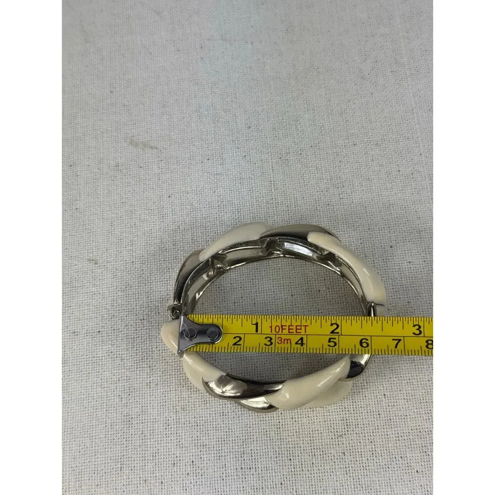 Vintage Cream/Ivory Hinged Enamel & Gold-Tone Clamper Bracelet w/ Chunky Links